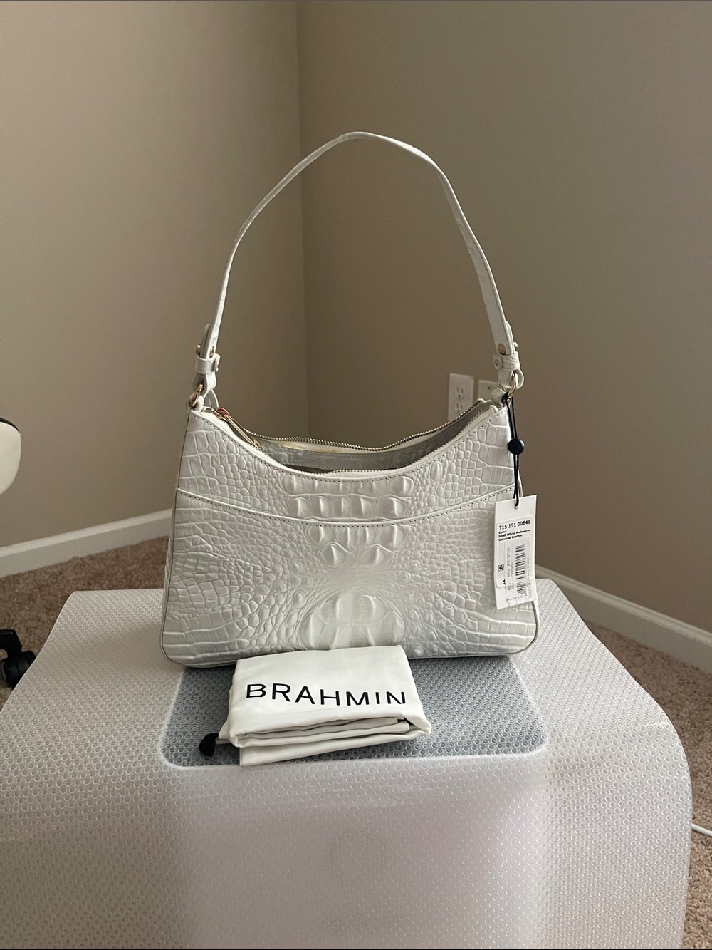 Brahmin White Croc-Embossed Shoulder Bag with Gold Hardware
